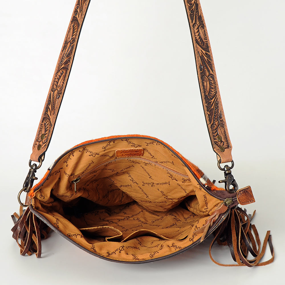 American Darling Signature Cross Body Bag Hand Tooled Floral Carved Leather Woven Saddle Blanket Fringes Genuine Leather