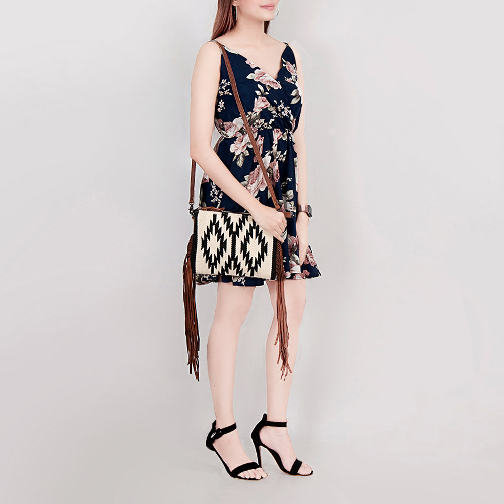 American Darling Western Cross body Bag Hand Tooled Floral Leather & Hand Woven Saddle Blanket with Fringes