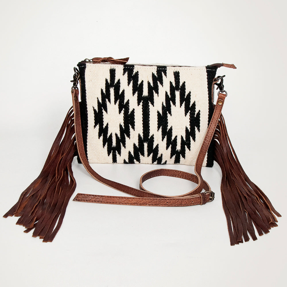 American Darling Western Cross body Bag Hand Tooled Floral Leather & Hand Woven Saddle Blanket with Fringes