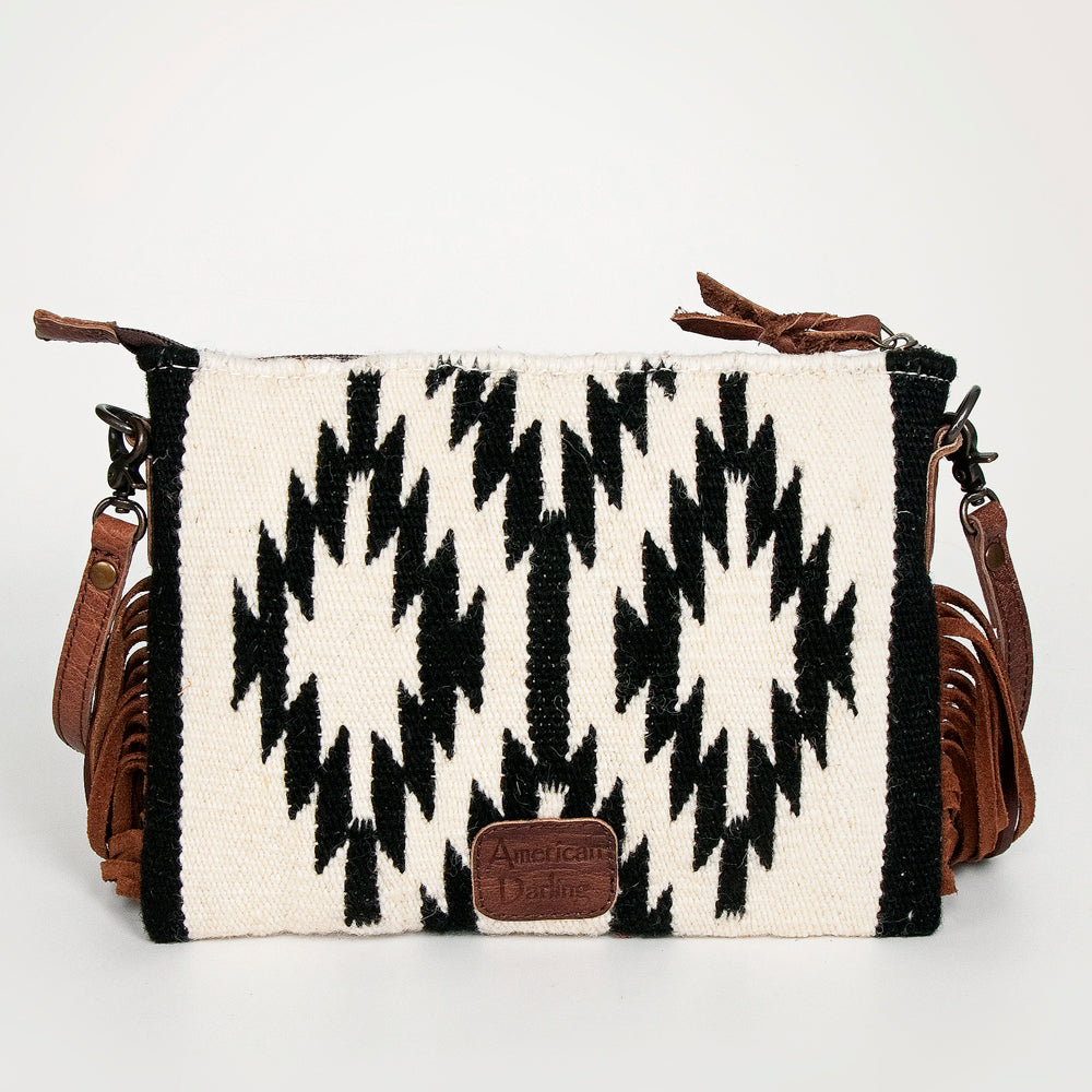 American Darling Western Cross body Bag Hand Tooled Floral Leather & Hand Woven Saddle Blanket with Fringes