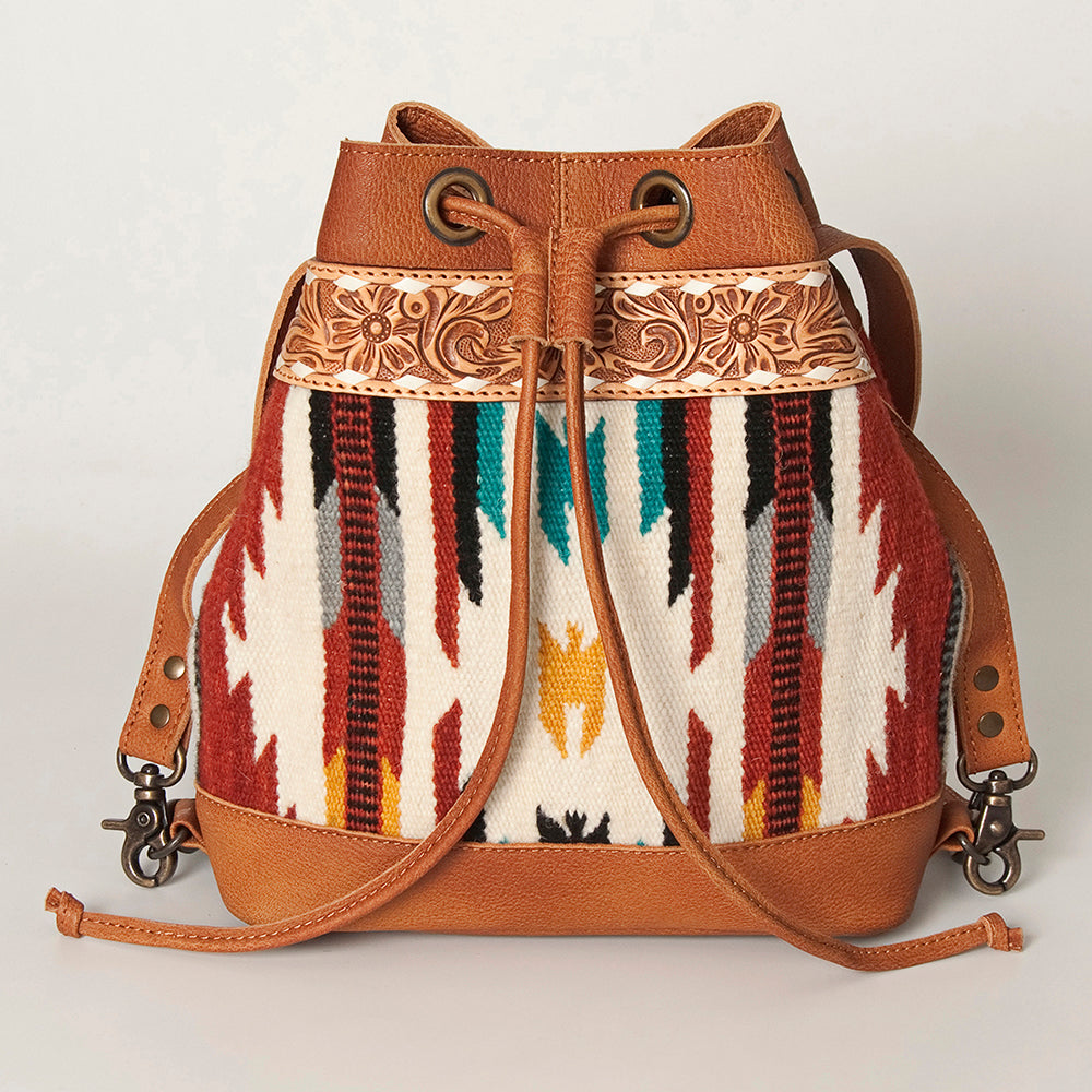 American Darling Bucket Bag for Women, Hand Tooled Floral Leather, Hand-Woven Saddle Blanket, Western Style Genuine Leather