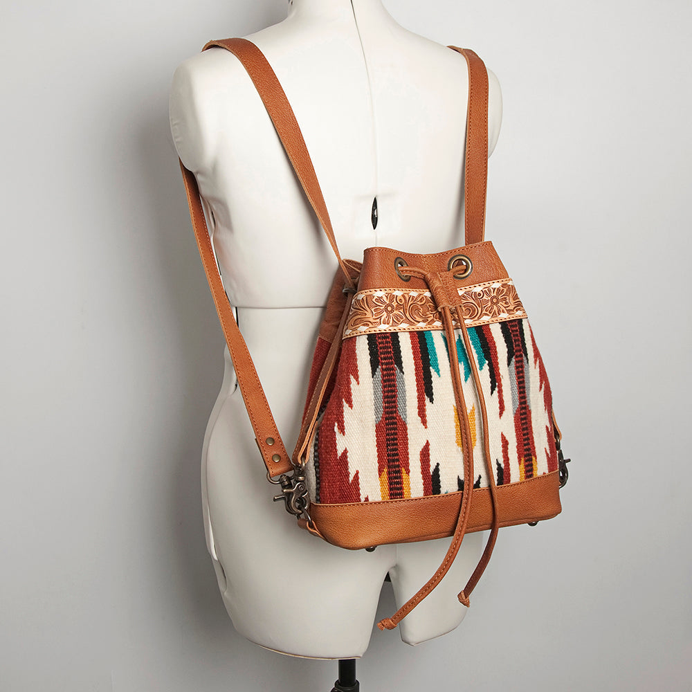 American Darling Bucket Bag for Women, Hand Tooled Floral Leather, Hand-Woven Saddle Blanket, Western Style Genuine Leather