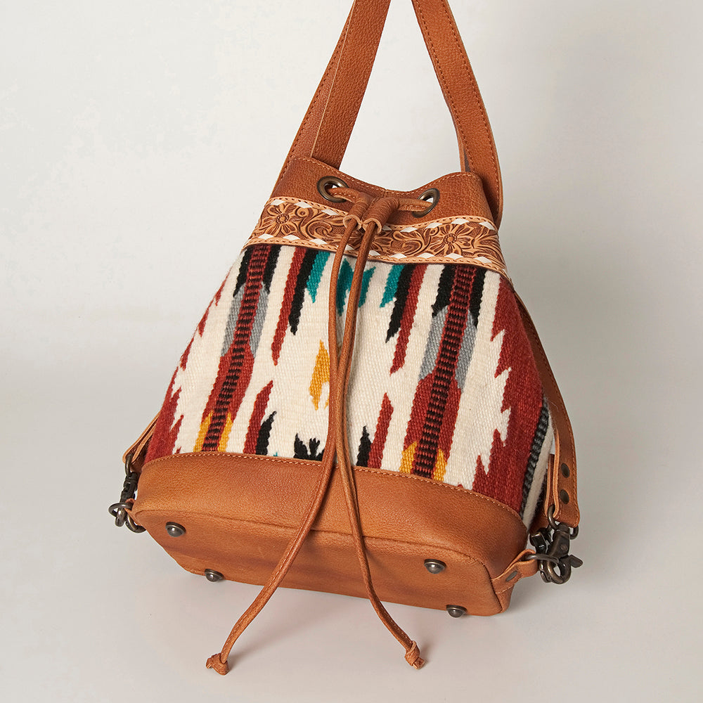 American Darling Bucket Bag for Women, Hand Tooled Floral Leather, Hand-Woven Saddle Blanket, Western Style Genuine Leather