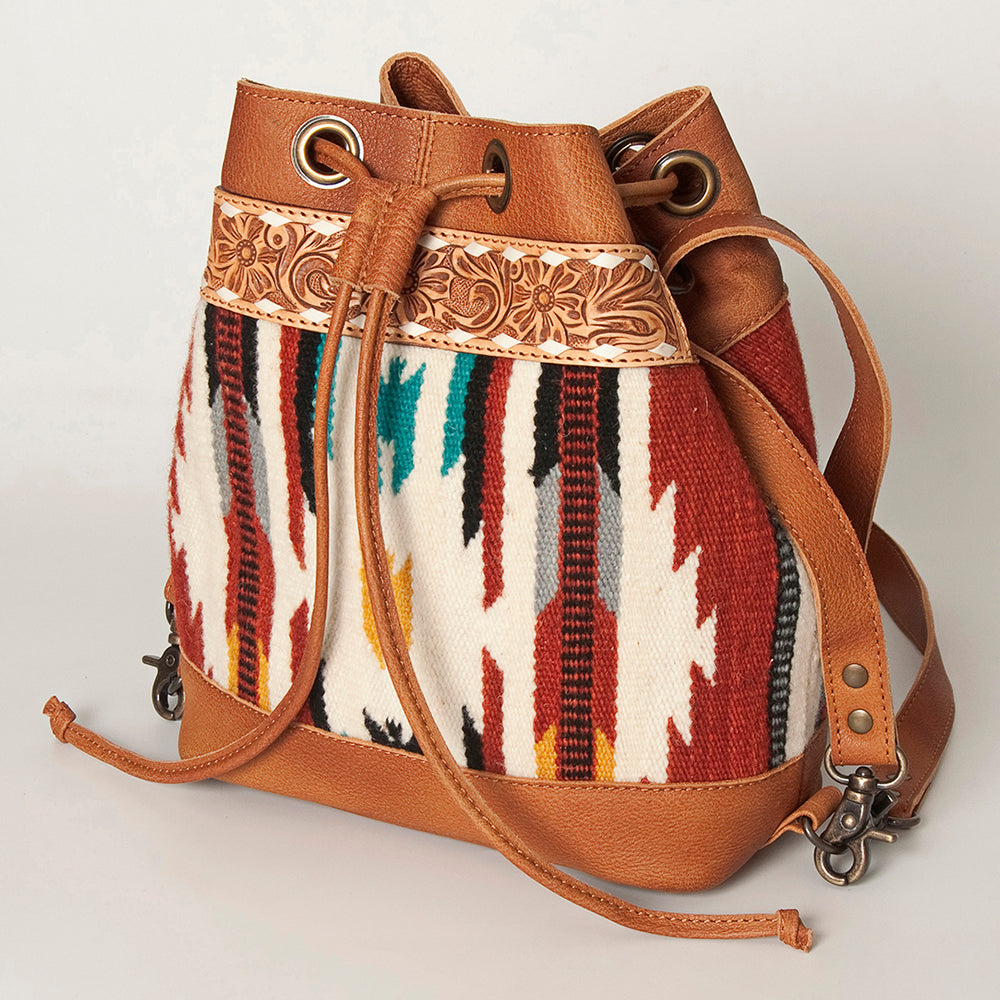American Darling Bucket Bag for Women, Hand Tooled Floral Leather, Hand-Woven Saddle Blanket, Western Style Genuine Leather