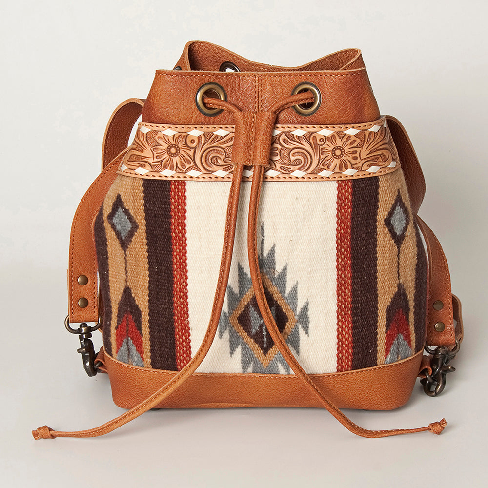 American Darling Bucket Bag for Women, Hand Tooled Floral Leather, Hand-Woven Saddle Blanket, Western Style Genuine Leather