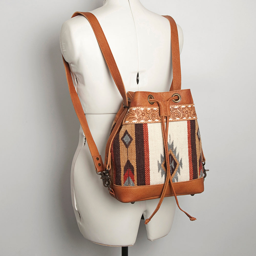 American Darling Bucket Bag for Women, Hand Tooled Floral Leather, Hand-Woven Saddle Blanket, Western Style Genuine Leather
