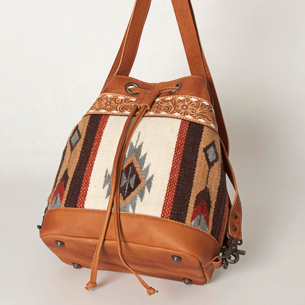 American Darling Bucket Bag for Women, Hand Tooled Floral Leather, Hand-Woven Saddle Blanket, Western Style Genuine Leather