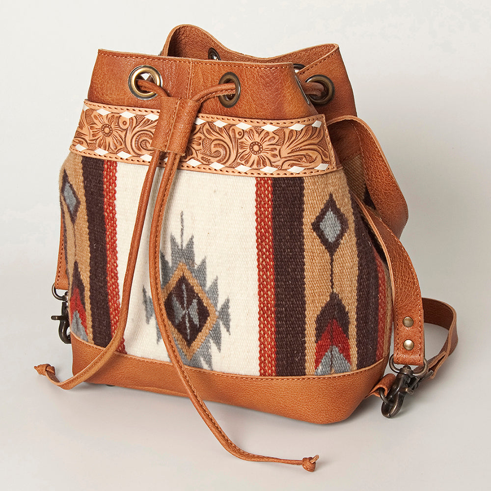 American Darling Bucket Bag for Women, Hand Tooled Floral Leather, Hand-Woven Saddle Blanket, Western Style Genuine Leather