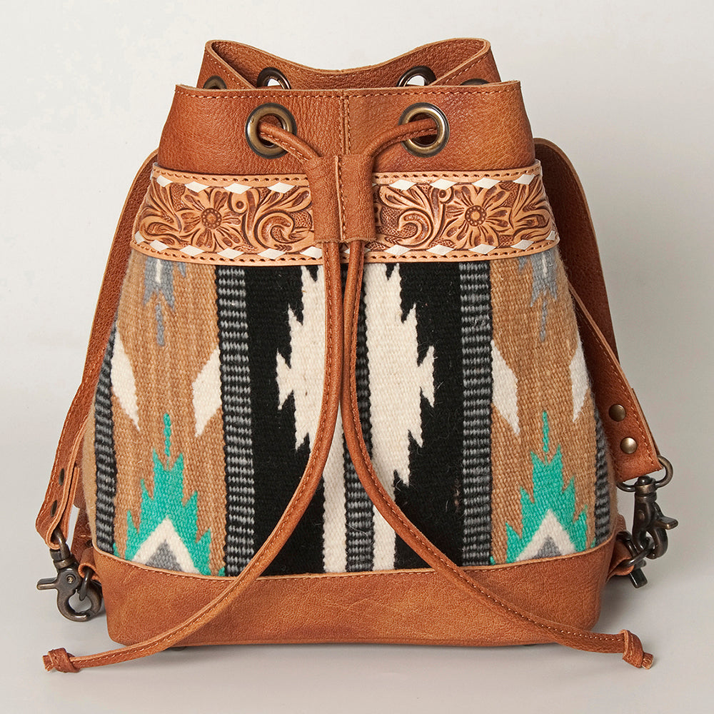 American Darling Bucket Bag for Women, Hand Tooled Floral Leather, Hand-Woven Saddle Blanket, Western Style Genuine Leather