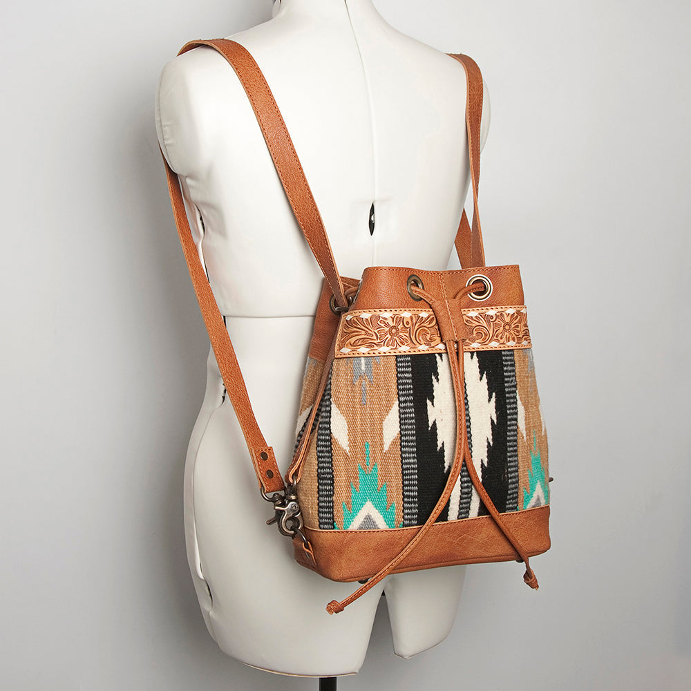 American Darling Bucket Bag for Women, Hand Tooled Floral Leather, Hand-Woven Saddle Blanket, Western Style Genuine Leather