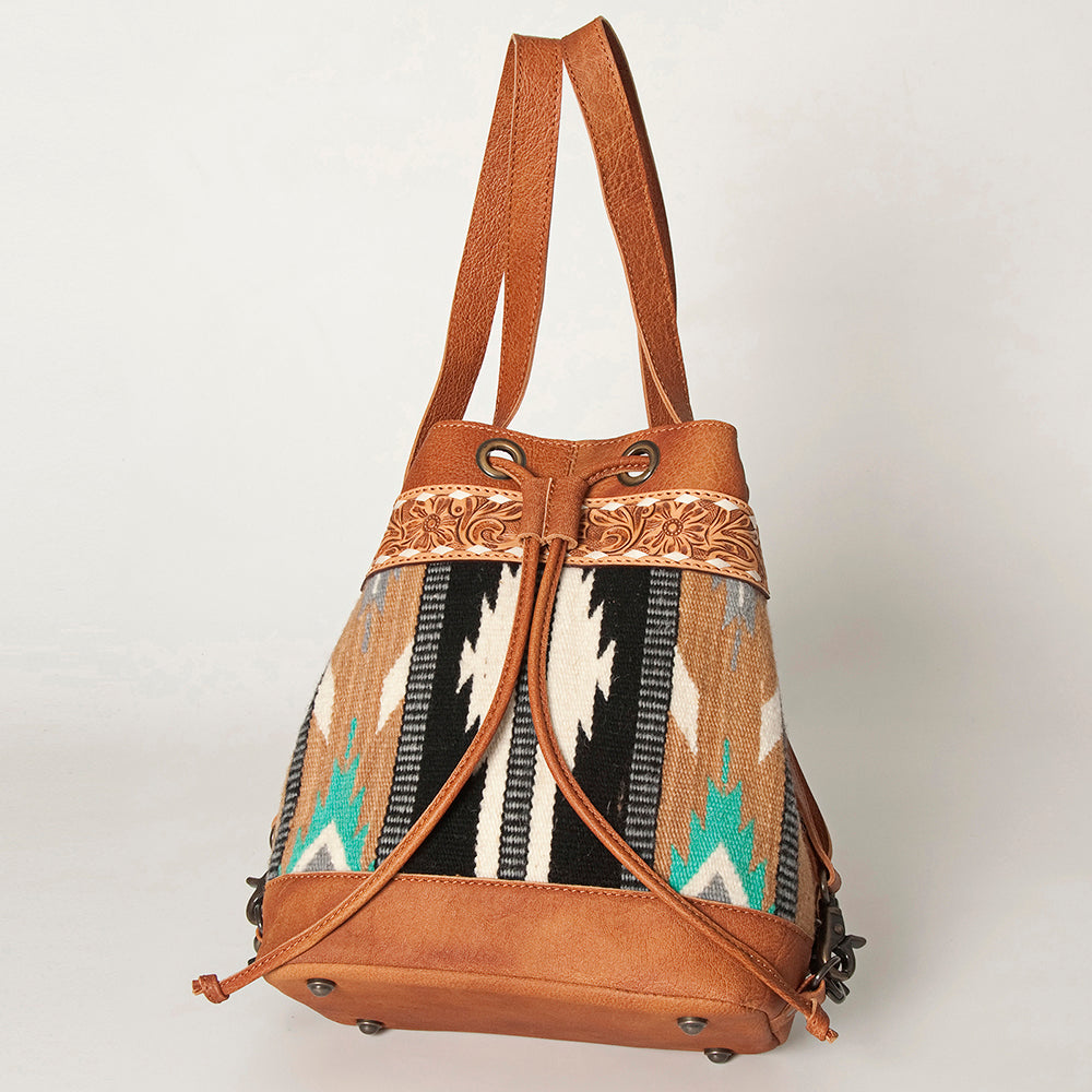 American Darling Bucket Bag for Women, Hand Tooled Floral Leather, Hand-Woven Saddle Blanket, Western Style Genuine Leather