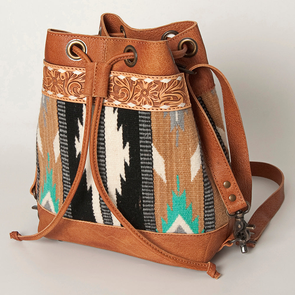 American Darling Bucket Bag for Women, Hand Tooled Floral Leather, Hand-Woven Saddle Blanket, Western Style Genuine Leather