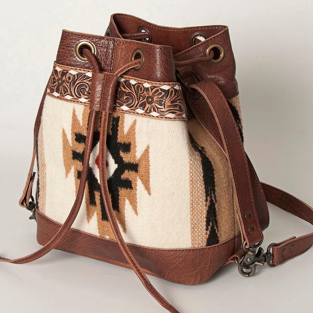 American Darling Bucket Bag for Women, Hand Tooled Floral Leather, Hand-Woven Saddle Blanket, Western Style Genuine Leather