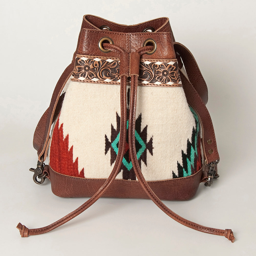 American Darling Bucket Bag for Women, Hand Tooled Floral Leather, Hand-Woven Saddle Blanket, Western Style Genuine Leather