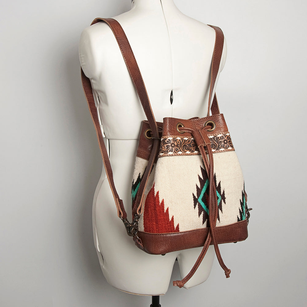 American Darling Bucket Bag for Women, Hand Tooled Floral Leather, Hand-Woven Saddle Blanket, Western Style Genuine Leather