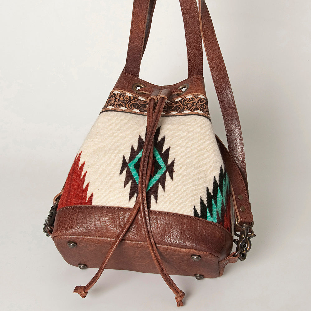 American Darling Bucket Bag for Women, Hand Tooled Floral Leather, Hand-Woven Saddle Blanket, Western Style Genuine Leather
