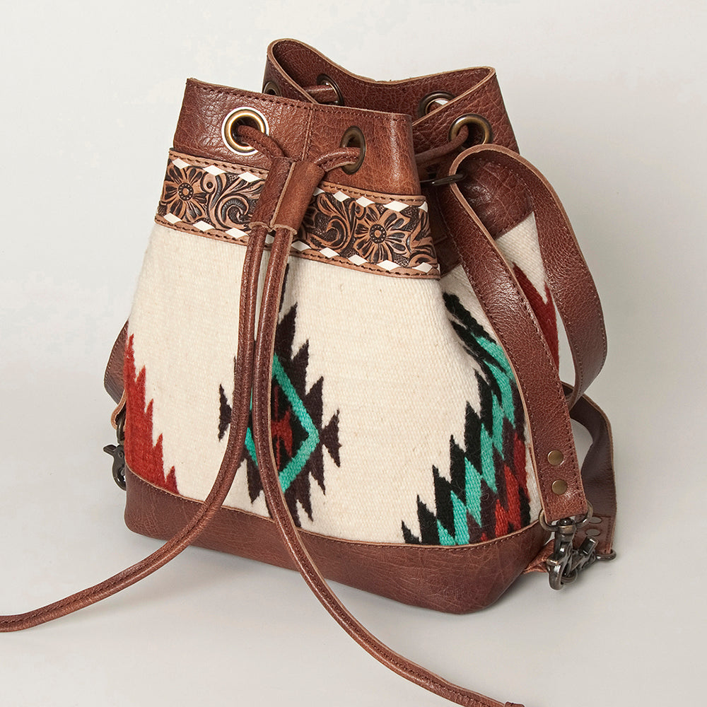 American Darling Bucket Bag for Women, Hand Tooled Floral Leather, Hand-Woven Saddle Blanket, Western Style Genuine Leather