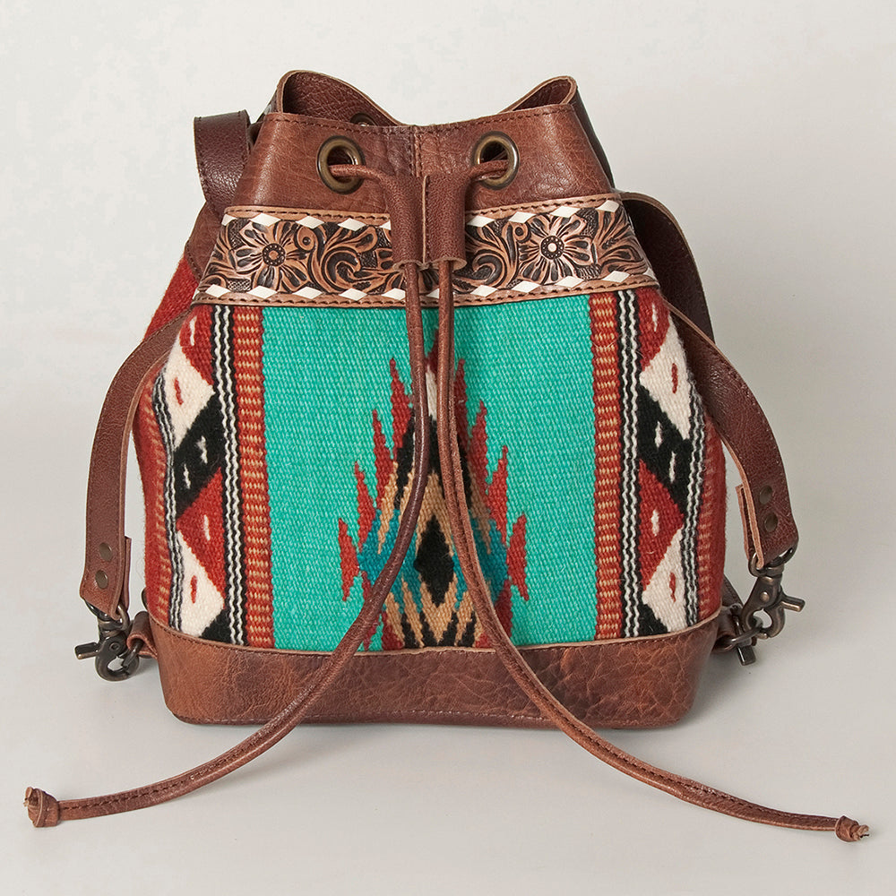 American Darling Bucket Bag for Women, Hand Tooled Floral Leather, Hand-Woven Saddle Blanket, Western Style Genuine Leather