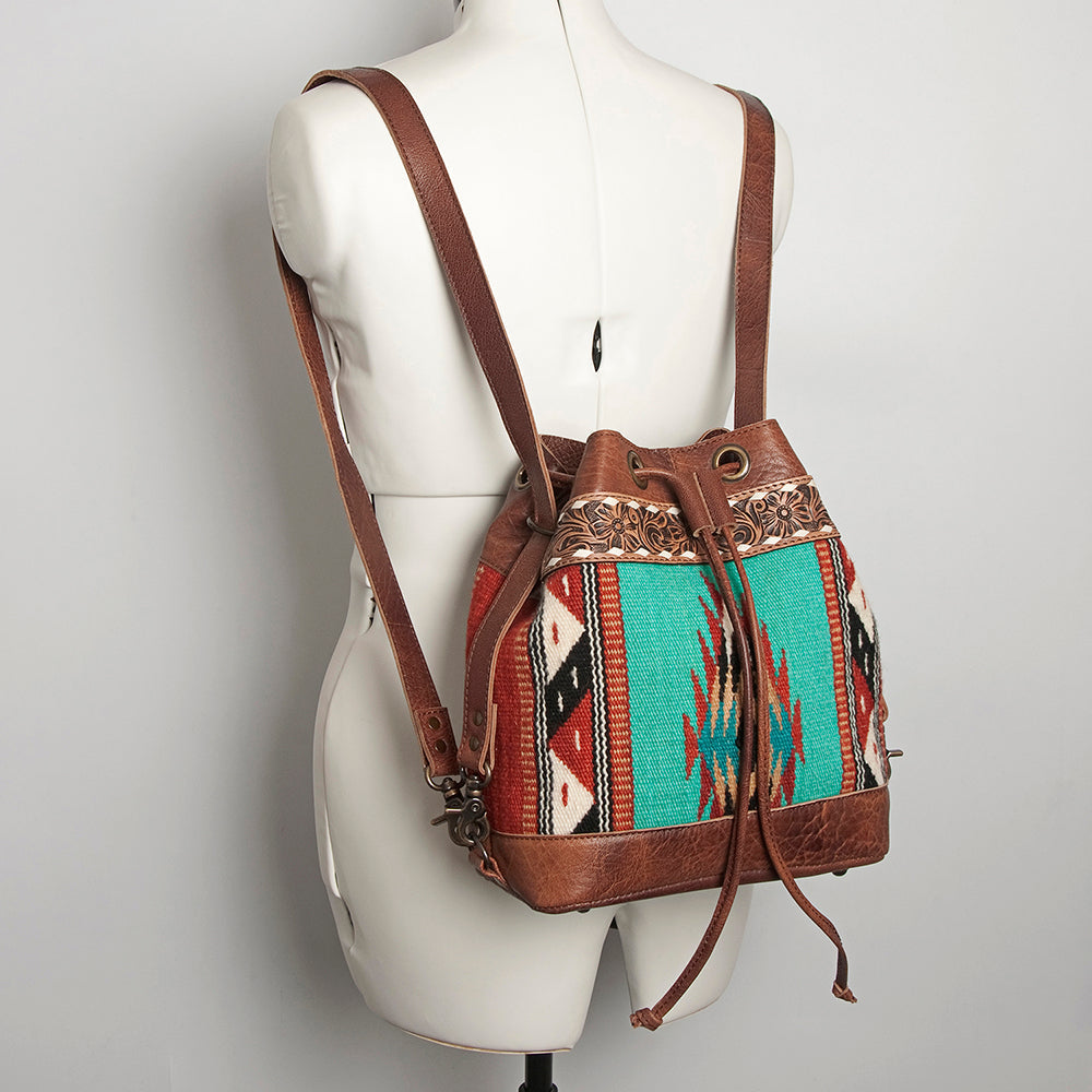 American Darling Bucket Bag for Women, Hand Tooled Floral Leather, Hand-Woven Saddle Blanket, Western Style Genuine Leather