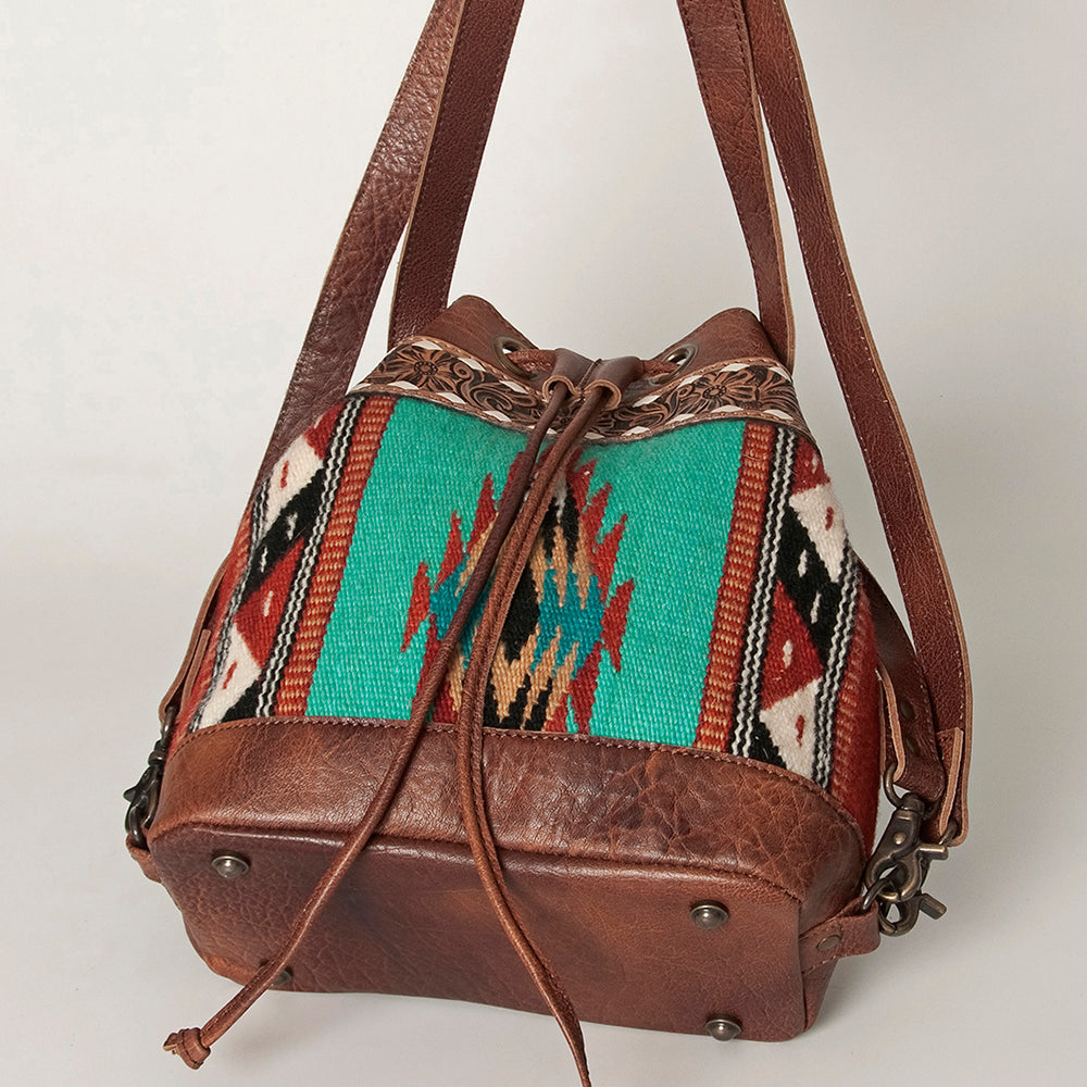 American Darling Bucket Bag for Women, Hand Tooled Floral Leather, Hand-Woven Saddle Blanket, Western Style Genuine Leather