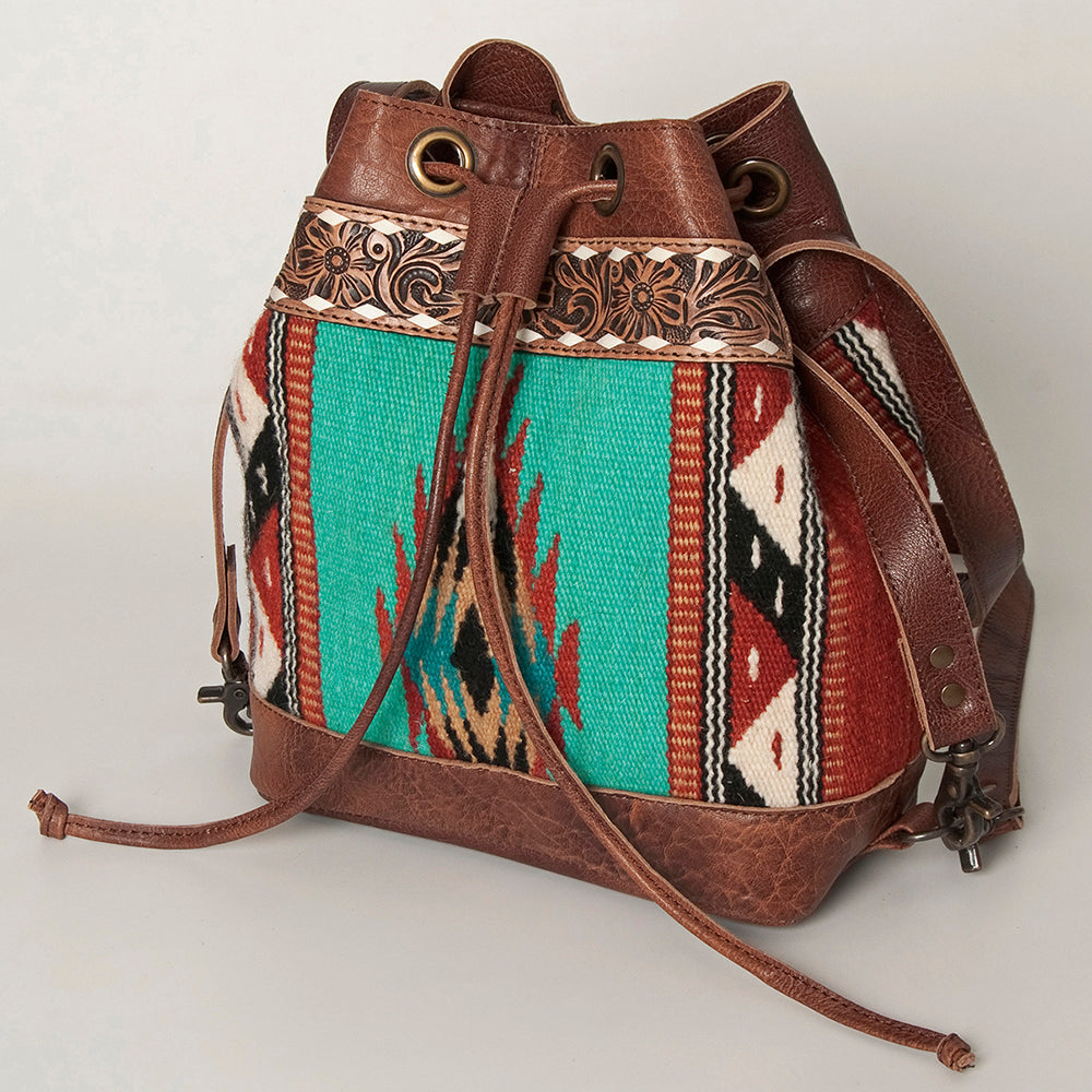 American Darling Bucket Bag for Women, Hand Tooled Floral Leather, Hand-Woven Saddle Blanket, Western Style Genuine Leather