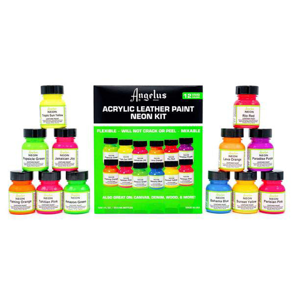 Angelus Acrylic Leather Paint Neon Color Kit 12 Colors 1Oz