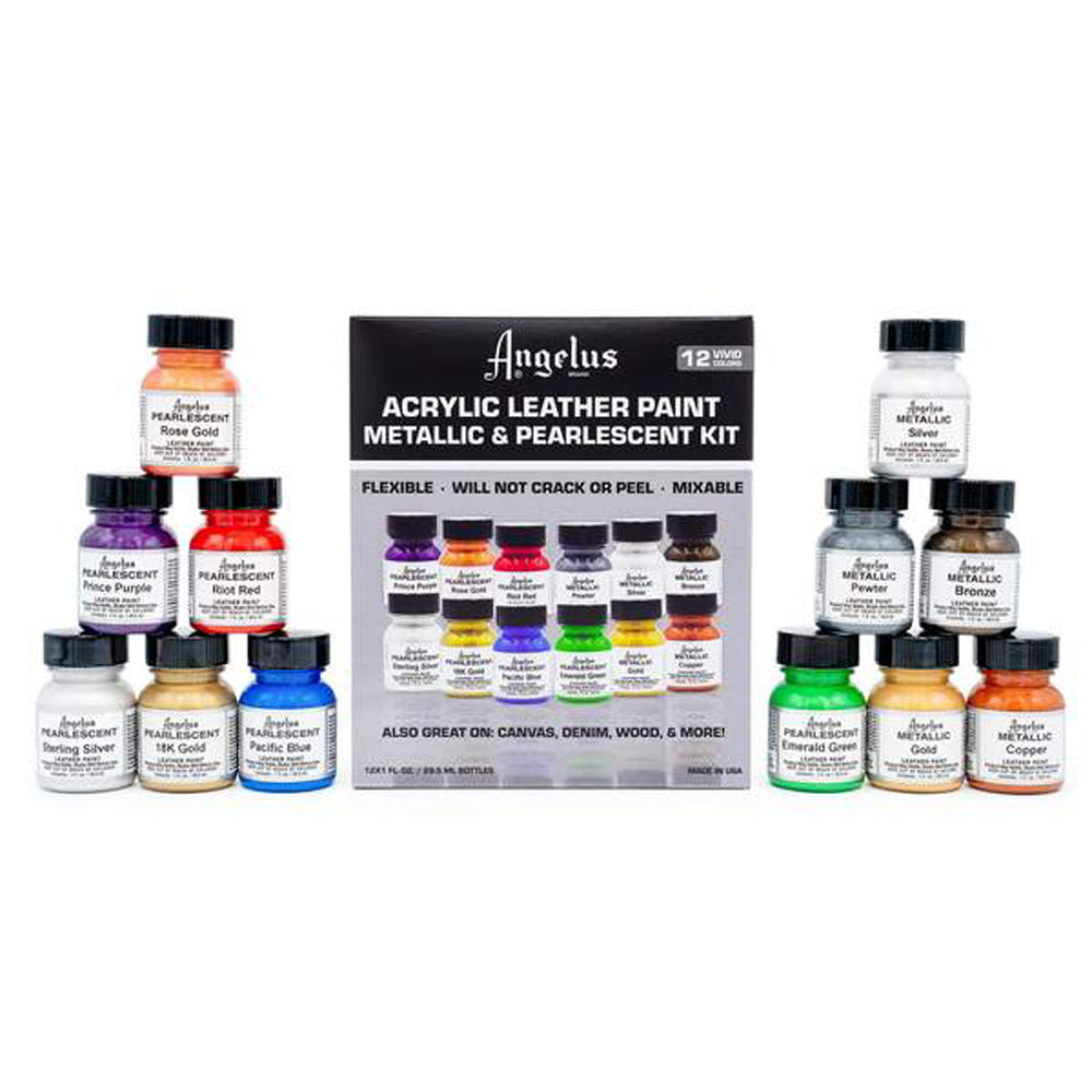 Angelus Pearlescent And Metallic Acrylic Leather Paint Kit 12 Colors 1Oz