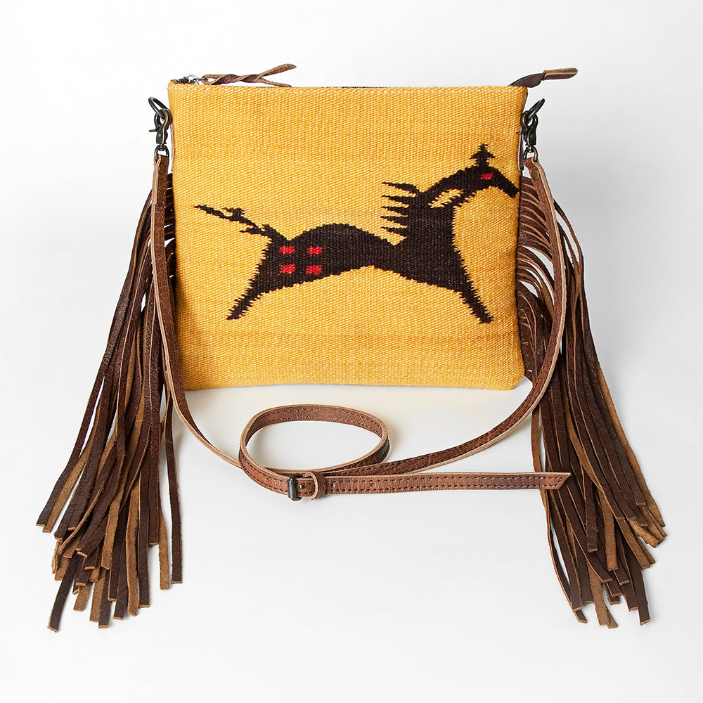 American Darling Western Cross body Bag Hand Tooled Floral Leather & Hand Woven Saddle Blanket with Fringes