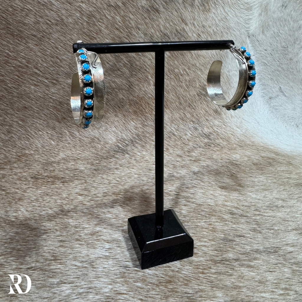 Large Feathered Hoop With Kingman Turquoise Earrings By Chester Charley — view 2