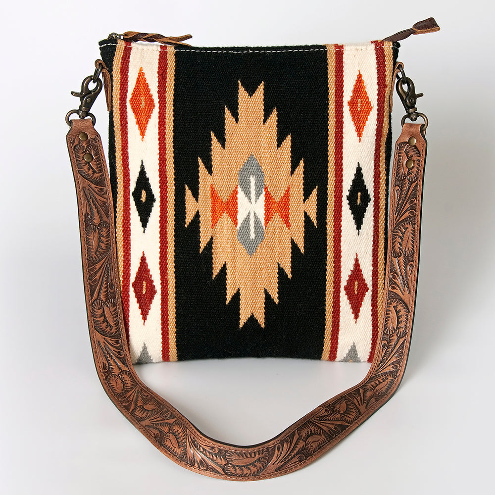 American Darling Large Cross body Bag for Women, Hand Tooled Floral Leather, Hand Woven Saddle Blanket, Genuine Leather Purse