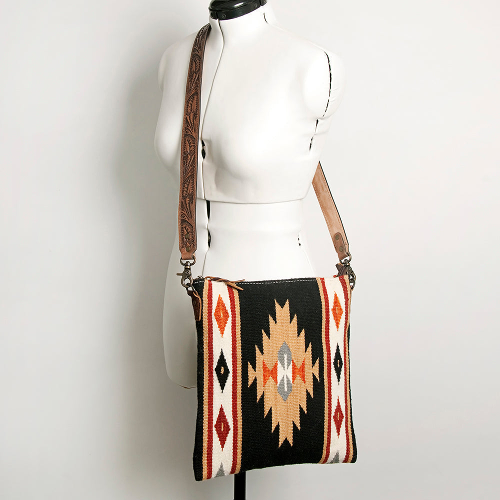 American Darling Large Cross body Bag for Women, Hand Tooled Floral Leather, Hand Woven Saddle Blanket, Genuine Leather Purse