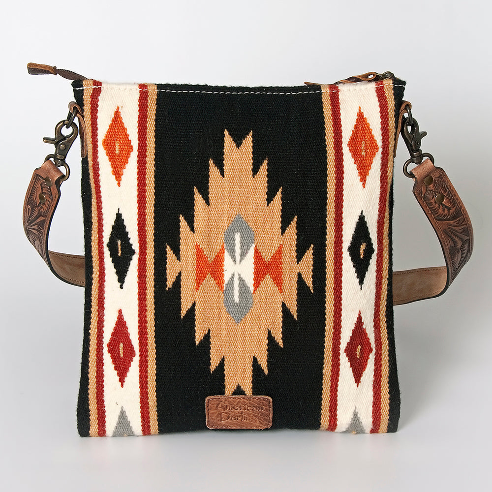 American Darling Large Cross body Bag for Women, Hand Tooled Floral Leather, Hand Woven Saddle Blanket, Genuine Leather Purse