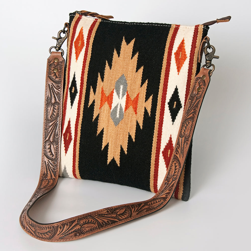 American Darling Large Cross body Bag for Women, Hand Tooled Floral Leather, Hand Woven Saddle Blanket, Genuine Leather Purse