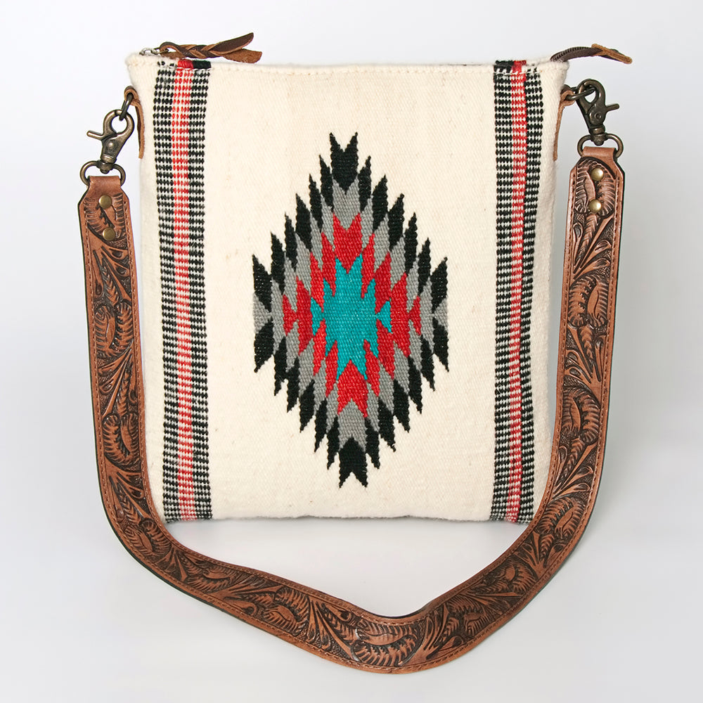 American Darling Large Cross body Bag for Women, Hand Tooled Floral Leather, Hand Woven Saddle Blanket, Genuine Leather Purse