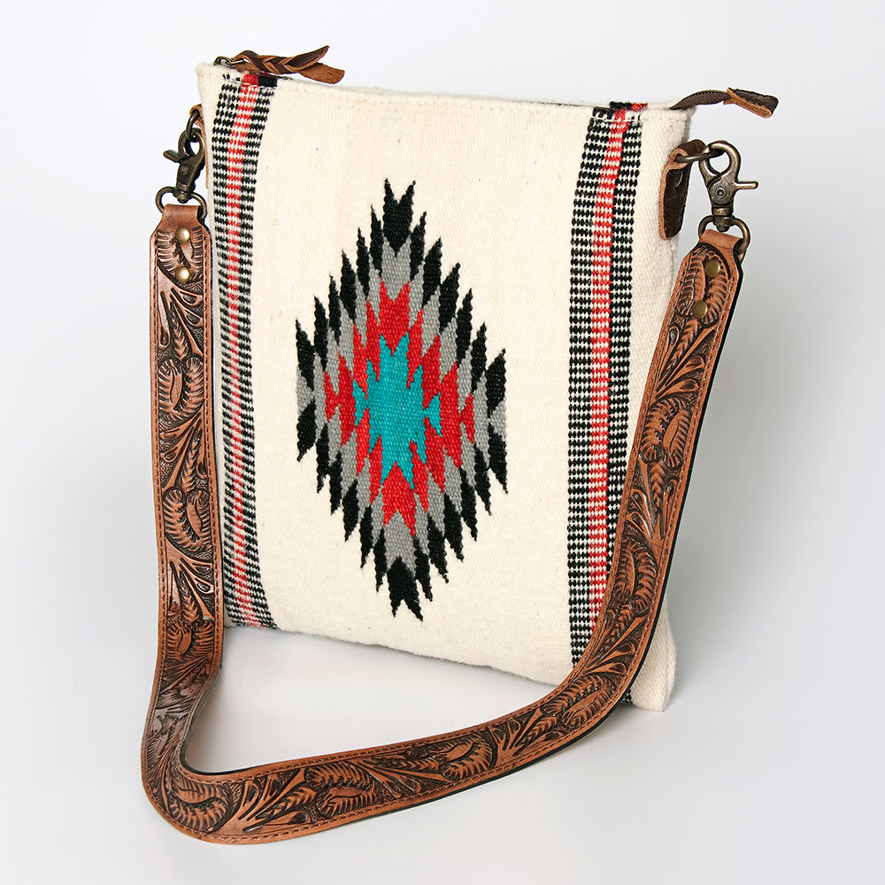 American Darling Large Cross body Bag for Women, Hand Tooled Floral Leather, Hand Woven Saddle Blanket, Genuine Leather Purse