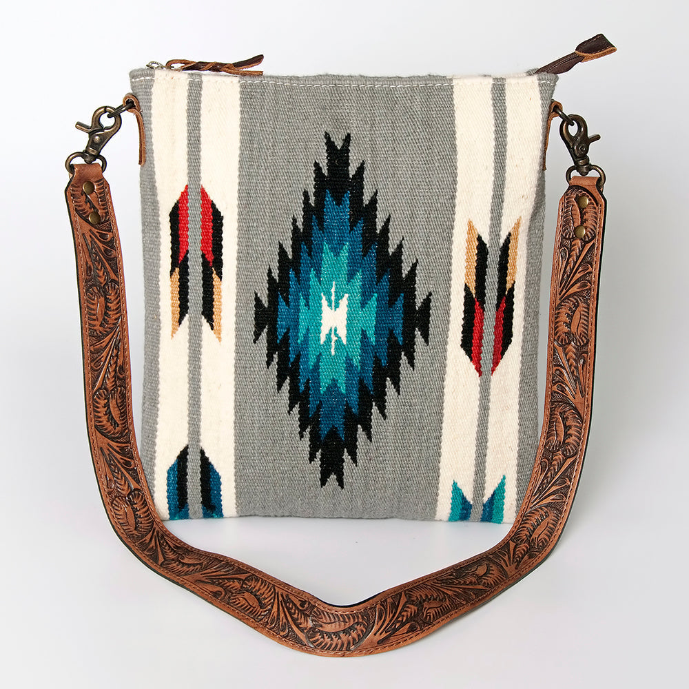 American Darling Large Cross body Bag for Women, Hand Tooled Floral Leather, Hand Woven Saddle Blanket, Genuine Leather Purse