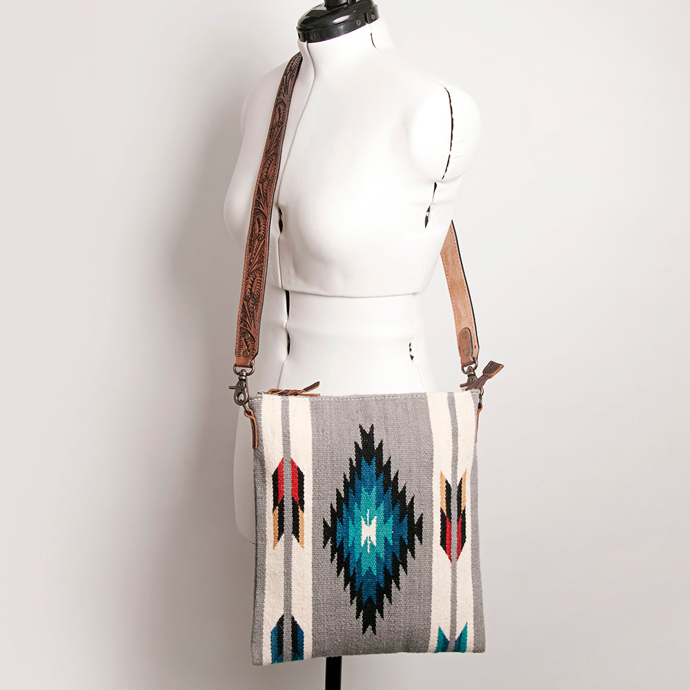 American Darling Large Cross body Bag for Women, Hand Tooled Floral Leather, Hand Woven Saddle Blanket, Genuine Leather Purse
