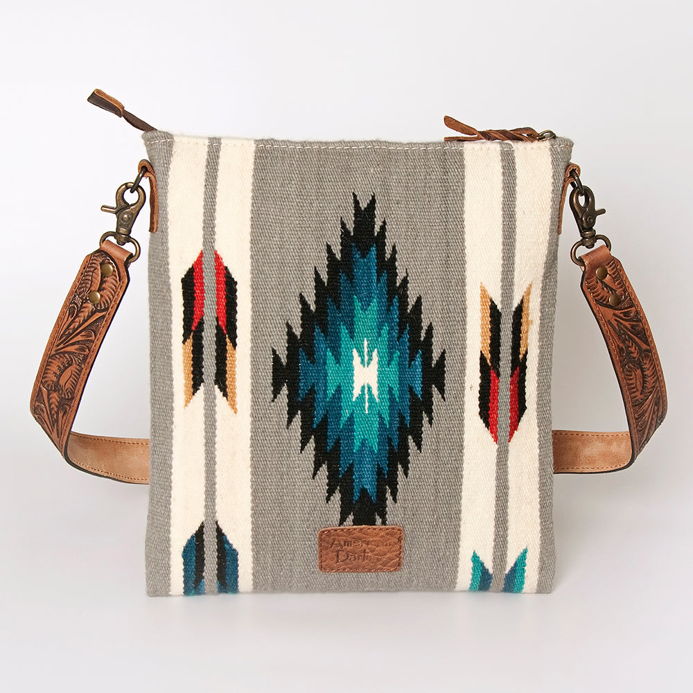 American Darling Large Cross body Bag for Women, Hand Tooled Floral Leather, Hand Woven Saddle Blanket, Genuine Leather Purse