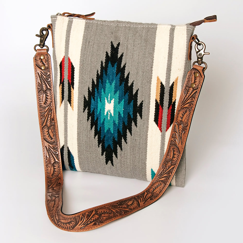American Darling Large Cross body Bag for Women, Hand Tooled Floral Leather, Hand Woven Saddle Blanket, Genuine Leather Purse