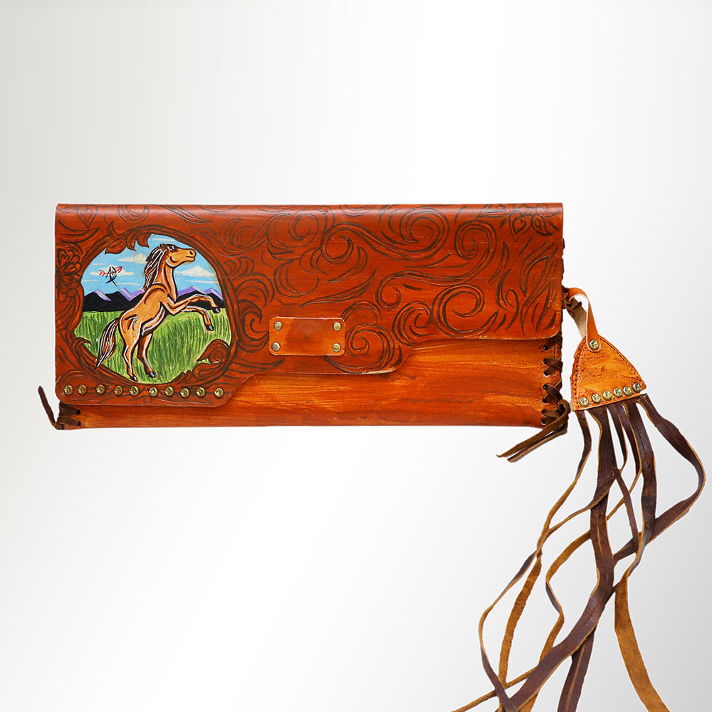 American Darling Envelope Bag - Hand-Painted Vegetable-Tanned Genuine Leather Western Clutch with Fringes - 6.5in x 12in