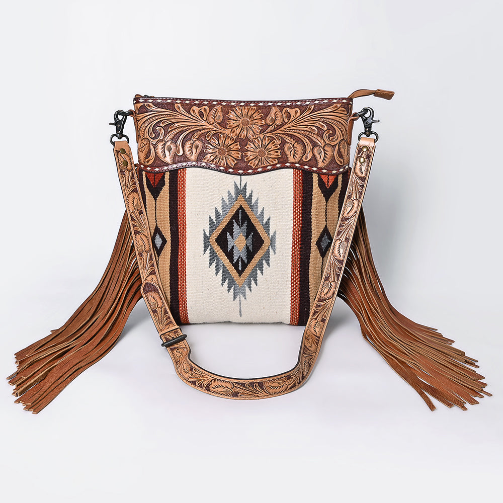 American Darling Signature Cross Body Bag Hand Tooled Floral Carved Leather Woven Saddle Blanket Fringes Genuine Leather