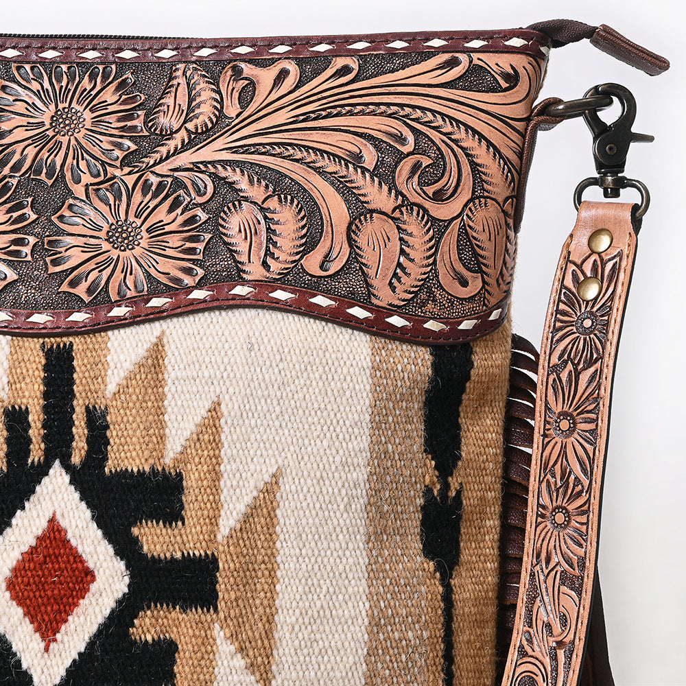 American Darling Signature Cross Body Bag Hand Tooled Floral Carved Leather Woven Saddle Blanket Fringes Genuine Leather