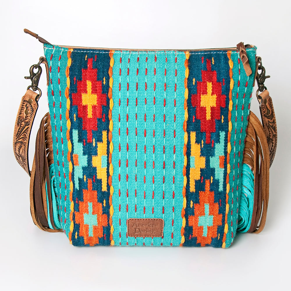 American Darling Signature Cross Body Bag Hand Tooled Floral Carved Leather Woven Saddle Blanket Fringes Genuine Leather