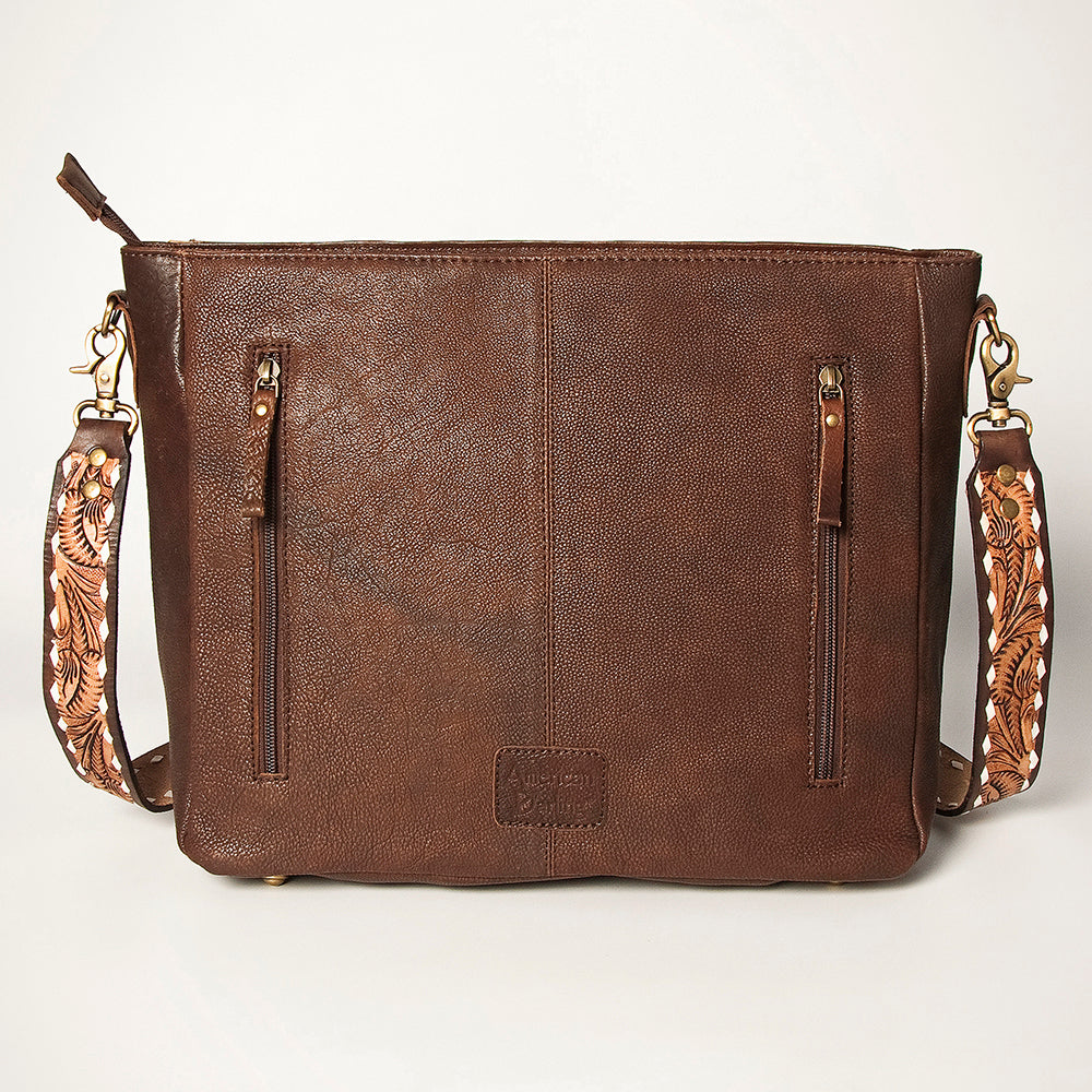 American Darling Women's Messenger Bag Hand Woven Saddle Blanket Hand Tooled Floral Carved Vegetable-Tanned Genuine Leather YKK Zipper