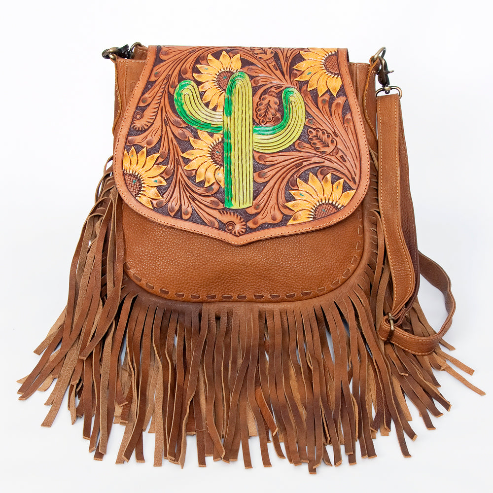 American Darling Messenger Bag Hand Tooled Sunflower Cactus Leather with Fringes Western Crossbody 11.5in x 11.5in
