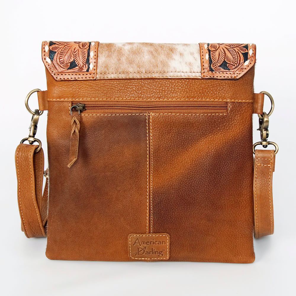 American Darling Messenger Bag Hand Tooled Floral Carved Leather Hair-On Cowhide Fringed Western Bag 10.5in x 11in