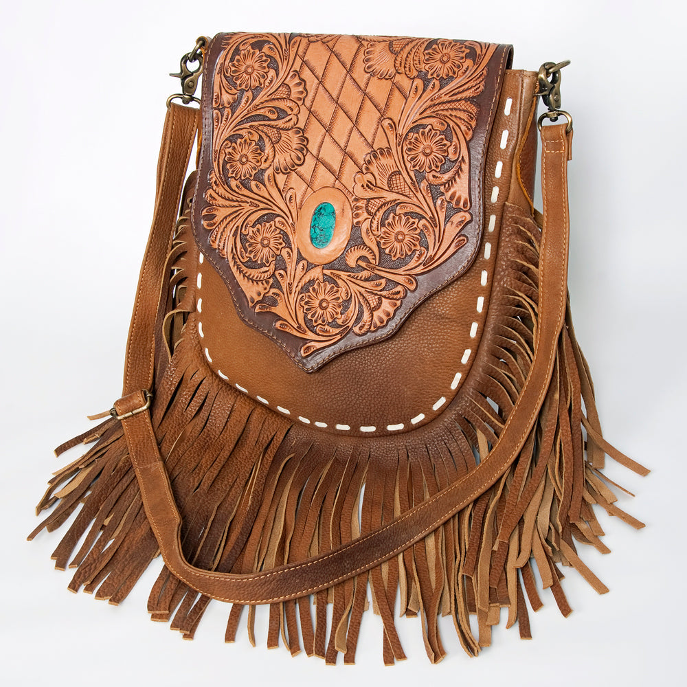 American Darling Messenger Bag Hand Tooled Floral Leather Turquoise Stone Hair-On Cowhide Fringed Bag 12in x 11in