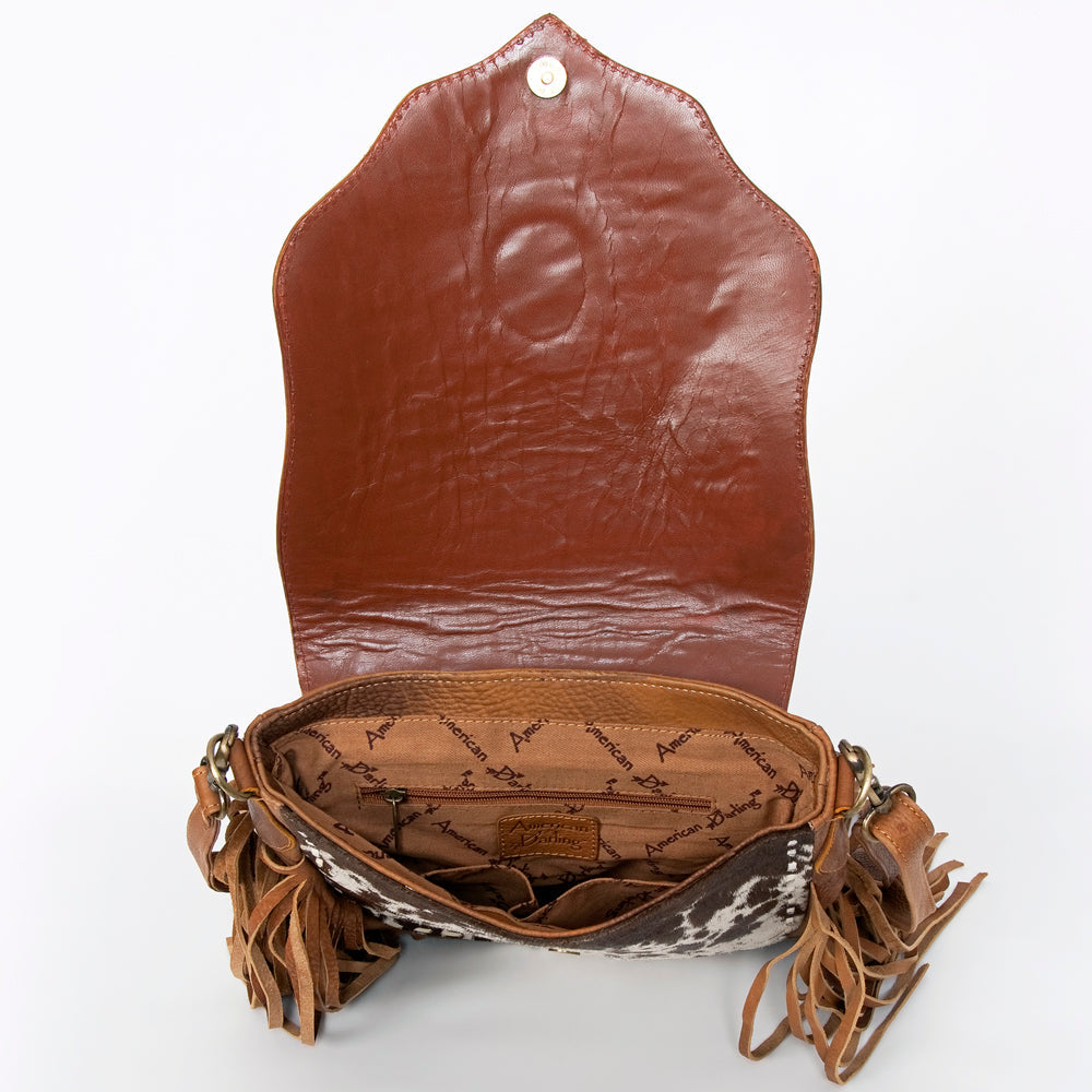 American Darling Messenger Bag Hand Tooled Floral Leather Turquoise Stone Hair-On Cowhide Fringed Bag 12in x 11in