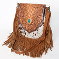 American Darling Messenger Bag Hand Tooled Floral Leather Turquoise Stone Hair-On Cowhide Fringed Bag 12in x 11in