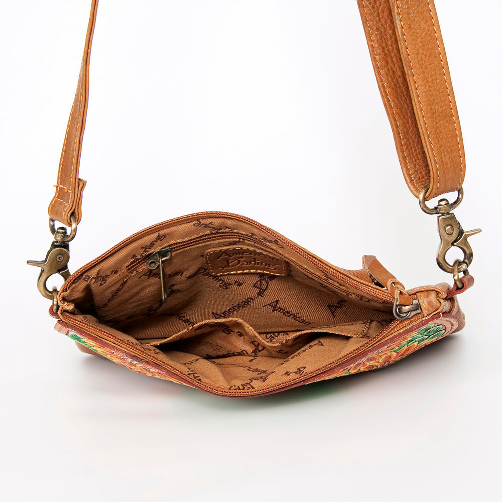 American Darling Small Cross body Bag Hand Tooled Sunflower Cactus Leather & Hair-On Cowhide Western Purse 4.5in x 7in